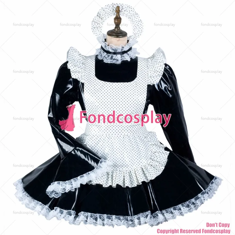 fondcosplay adult sexy cross dressing sissy maid black heavy pvc dress lockable Uniform white apron costume CD/TV[G2452]