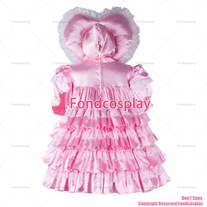 fondcosplay adult sexy cross dressing sissy maid baby pink Satin Dress lockable heart hood CD/TV[G2343]