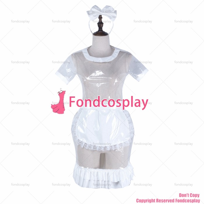 fondcosplay adult sexy cross dressing sissy maid short clear pvc dress lockable Uniform white apron costume CD/TV[G2323]