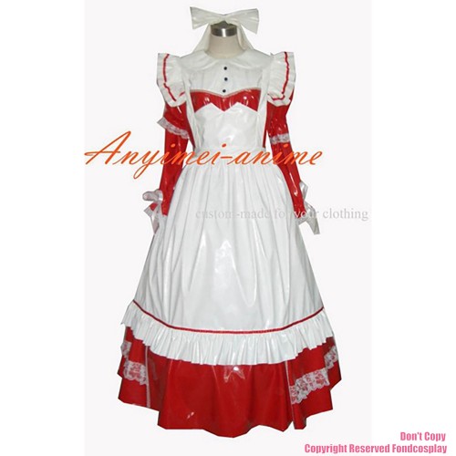 fondcosplay adult sexy cross dressing sissy maid long red thin Pvc Dress Red Lockable Uniform white apron CD/TV[G267]