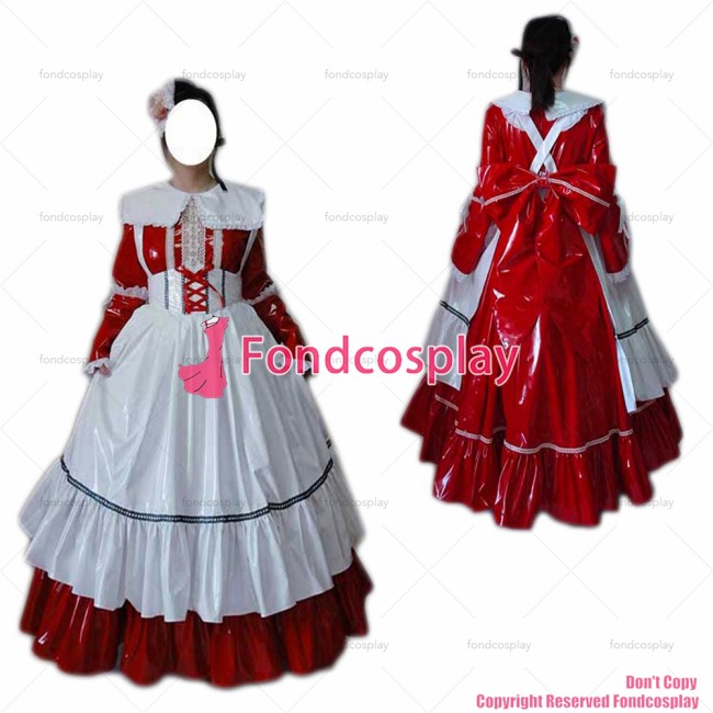 fondcosplay adult sexy cross dressing sissy maid long red thin pvc dress lockable Uniform white apron costume CD/TV[G2461]
