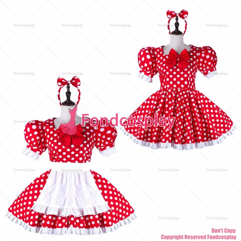 fondcosplay adult sexy cross dressing sissy maid red Dots cotton dress lockable Uniform white apron costume CD/TV[G2239]