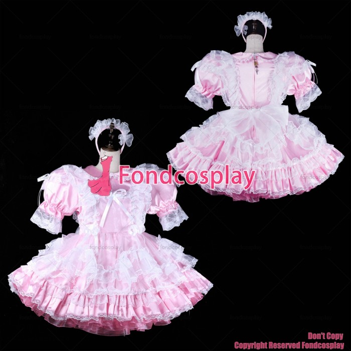 fondcosplay adult sexy cross dressing sissy maid short baby pink satin dress lockable Uniform cosplay costume CD/TV[G2314]