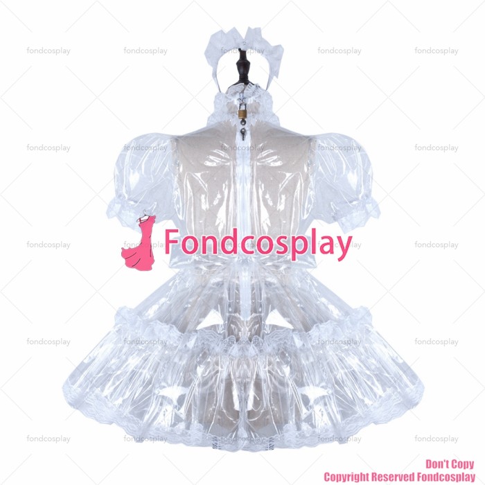 fondcosplay adult sexy cross dressing sissy maid short clear pvc dress lockable Uniform white apron costume CD/TV[G2297]