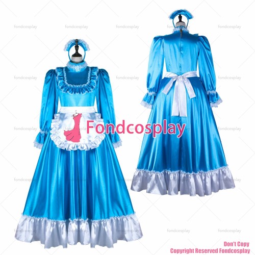 fondcosplay adult sexy cross dressing sissy maid long blue satin dress white apron lockable Uniform costume CD/TV[G2365]