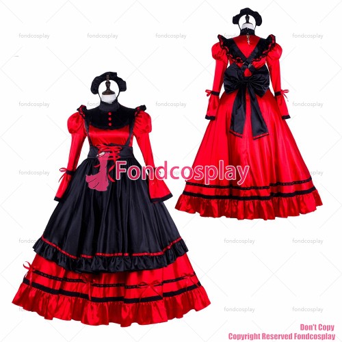 fondcosplay adult sexy cross dressing sissy maid long red satin dress lockable black apron Uniform costume CD/TV[G2301]