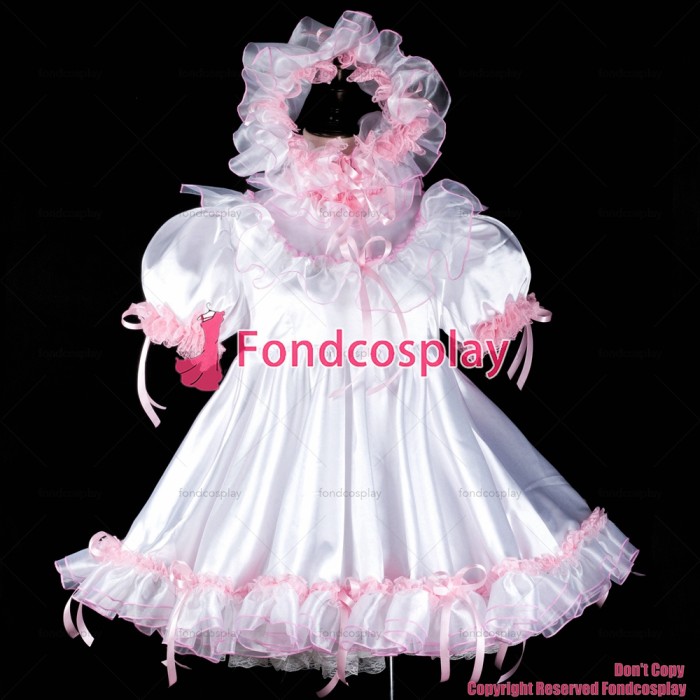 fondcosplay adult sexy cross dressing sissy maid baby white satin dress lockable Uniform cosplay headpiece CD/TV[G2393]
