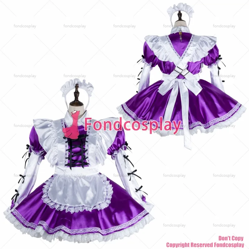 fondcosplay adult sexy cross dressing sissy maid Purple satin dress lockable Uniform white apron costume CD/TV[G2405]