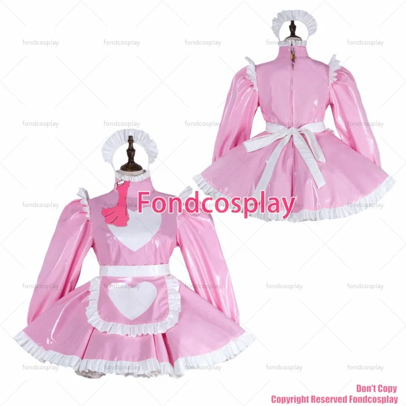 fondcosplay adult sexy cross dressing sissy maid baby pink heavy pvc dress lockable Uniform Heart apron CD/TV[G2284]