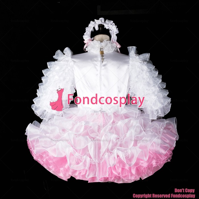 fondcosplay adult sexy cross dressing sissy maid short lockable baby white satin organza dress sweet CD/TV[G2394]