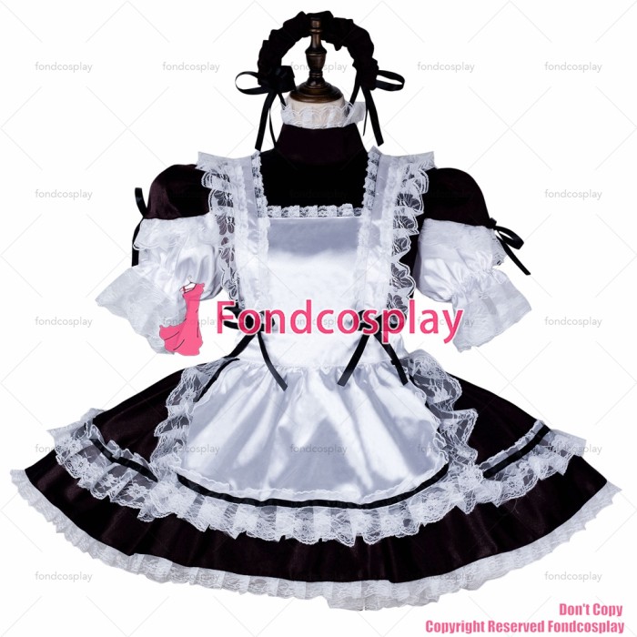 fondcosplay adult sexy cross dressing sissy maid short black satin dress lockable Uniform white apron costume CD/TV[G2256]