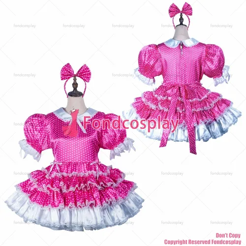 fondcosplay adult sexy cross dressing sissy maid hot pink Dots satin dress lockable Uniform Peter Pan collar CD/TV[G2423]