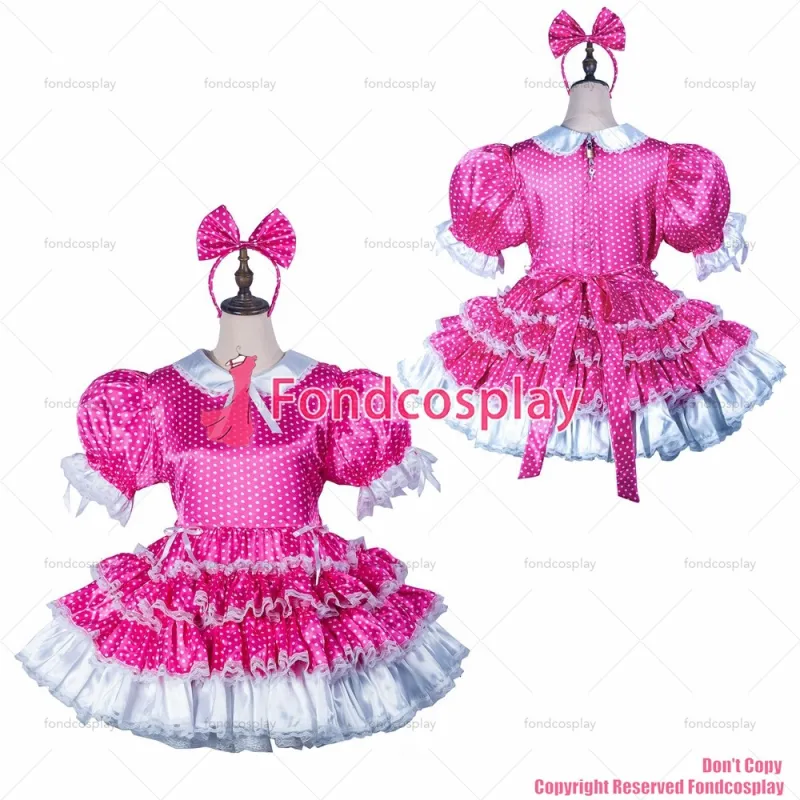 fondcosplay adult sexy cross dressing sissy maid hot pink Dots satin dress lockable Uniform Peter Pan collar CD/TV[G2423]