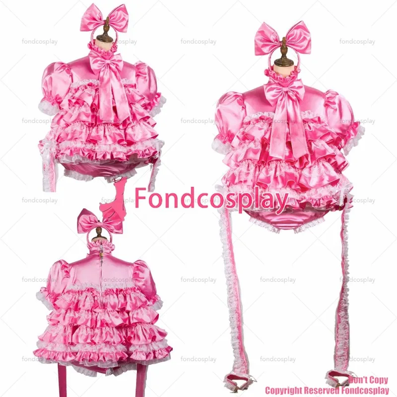 fondcosplay adult sexy cross dressing sissy maid short pink satin dress lockable Handcuffs jumpsuits rompers CD/TV[G2424]