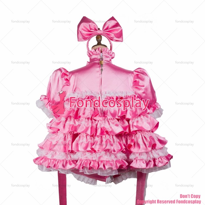fondcosplay adult sexy cross dressing sissy maid short pink satin dress lockable Handcuffs jumpsuits rompers CD/TV[G2424]
