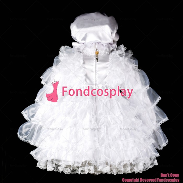 fondcosplay adult sexy cross dressing sissy maid white organza satin dress lockable Uniform headpiece hood CD/TV[G2408]