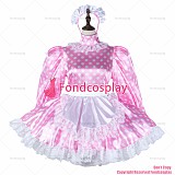 fondcosplay adult sexy cross dressing sissy maid baby pink Dots satin dress lockable Uniform white apron CD/TV[G2265]