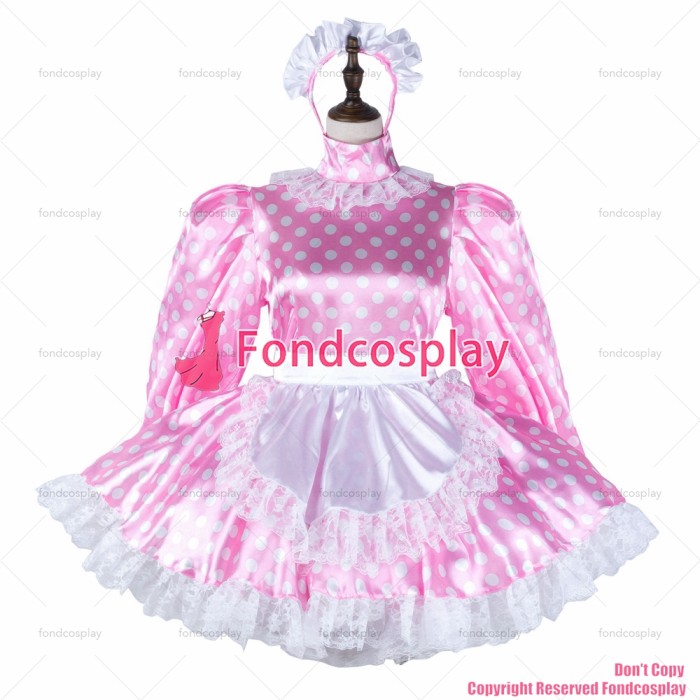 fondcosplay adult sexy cross dressing sissy maid baby pink Dots satin dress lockable Uniform white apron CD/TV[G2265]
