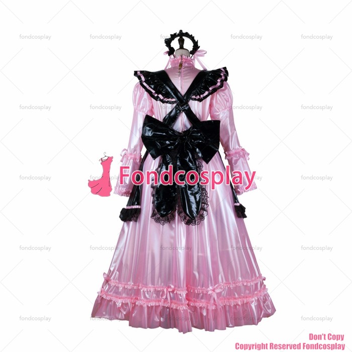 fondcosplay adult sexy cross dressing sissy maid long pink clear pvc dress lockable Uniform black apron CD/TV[G2352]