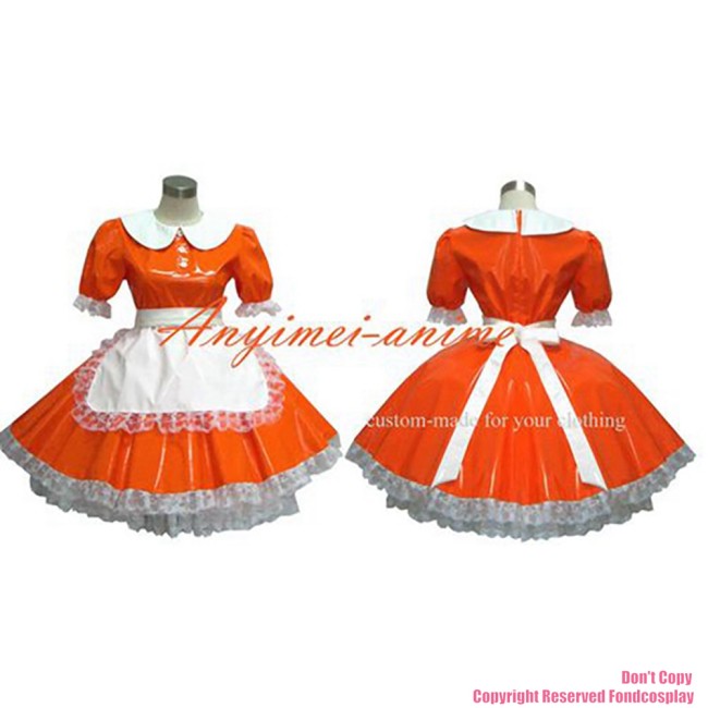 fondcosplay adult sexy cross dressing sissy maid orange thin PVC dress lockable Uniform white apron costume CD/TV[G262]
