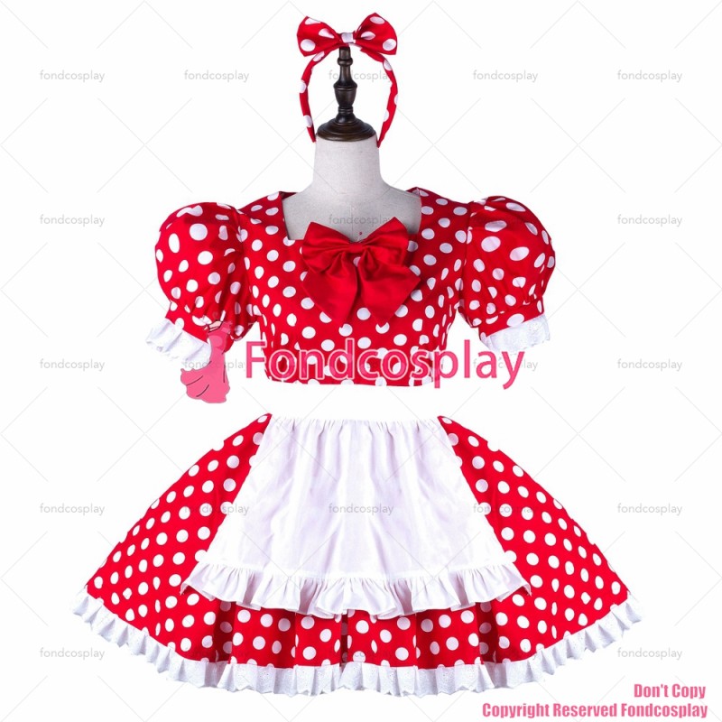 fondcosplay adult sexy cross dressing sissy maid red Dots cotton dress lockable Uniform white apron costume CD/TV[G2239]
