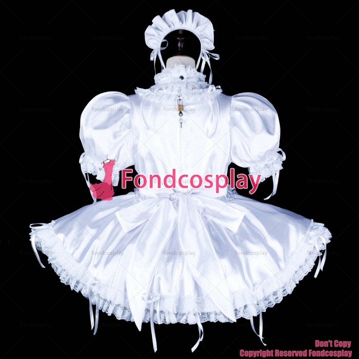 fondcosplay adult sexy cross dressing sissy maid short white satin dress lockable apron Uniform costume CD/TV[G2326]