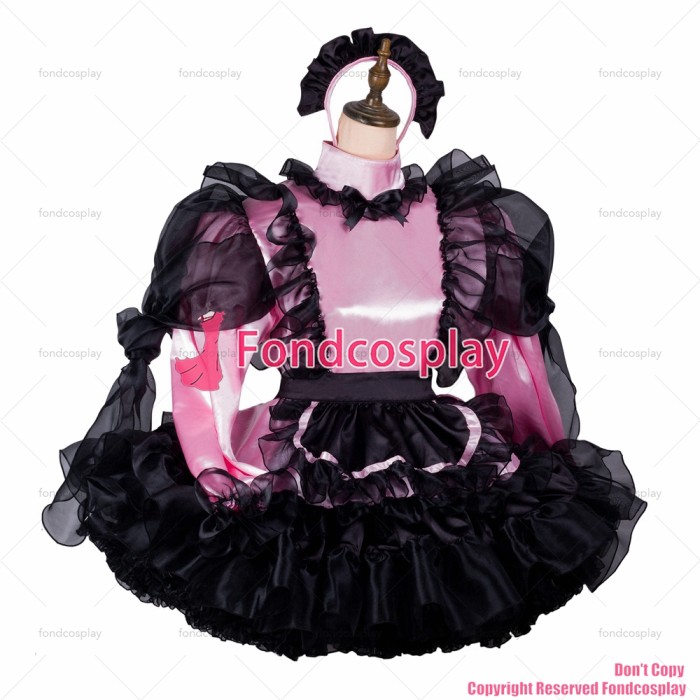 fondcosplay adult sexy cross dressing sissy maid baby pink satin dress lockable Uniform black apron costume CD/TV[G2415]
