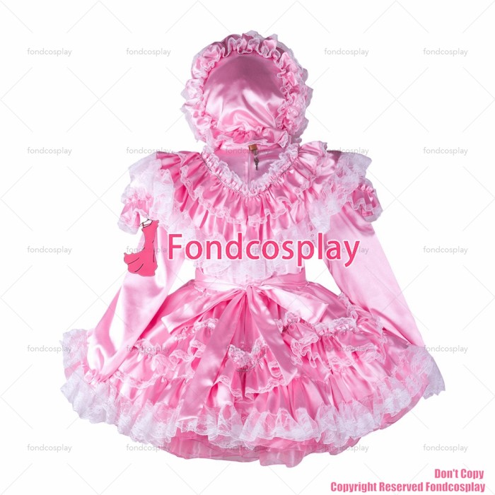 fondcosplay adult sexy cross dressing sissy maid short baby pink satin dress lockable cap Uniform costume CD/TV[G2364]