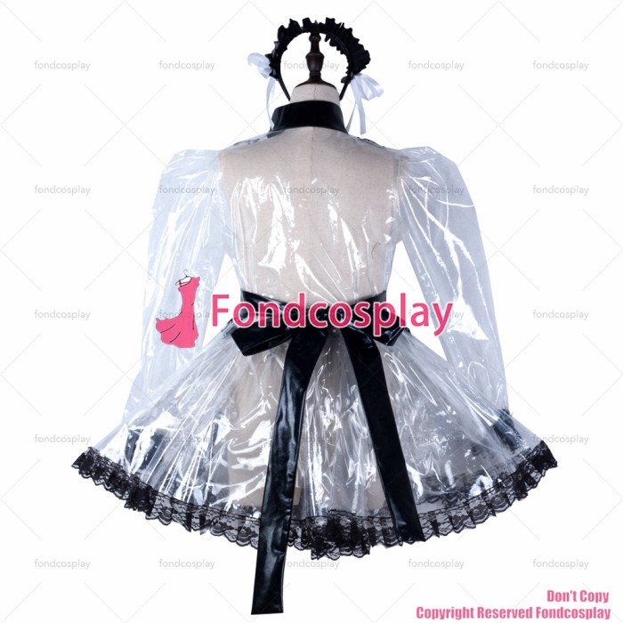 fondcosplay adult sexy cross dressing sissy maid short clear pvc dress lockable Uniform black apron costume CD/TV[G2295]