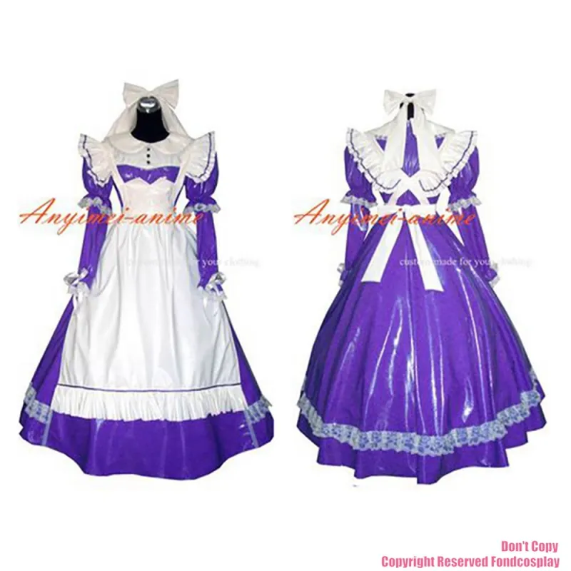fondcosplay sexy cross dressing sissy maid long purple thin PVC dress lockable Uniform white apron costume CD/TV[G263]