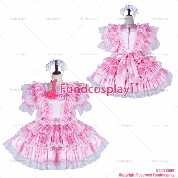 fondcosplay adult sexy cross dressing sissy maid baby pink satin dress lockable Uniform cosplay costume CD/TV[G2263]