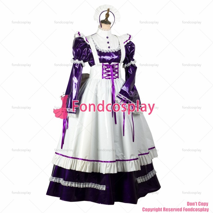 fondcosplay adult sexy cross dressing sissy maid long Purple thin pvc dress lockable Uniform white apron CD/TV[G2436]