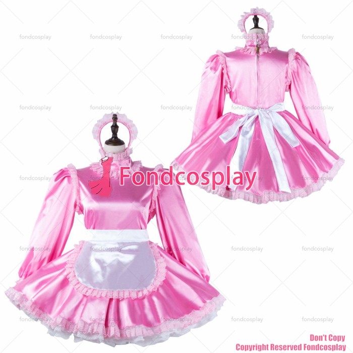 fondcosplay adult sexy cross dressing sissy maid short baby pink satin dress lockable Uniform white apron CD/TV[G2272]