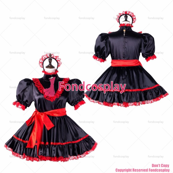 fondcosplay adult sexy cross dressing sissy maid short black satin dress lockable Uniform cosplay costume CD/TV[G2246]