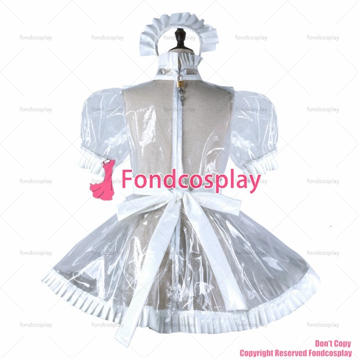 fondcosplay adult sexy cross dressing sissy maid short clear pvc dress lockable Uniform apron costume CD/TV[G2238]