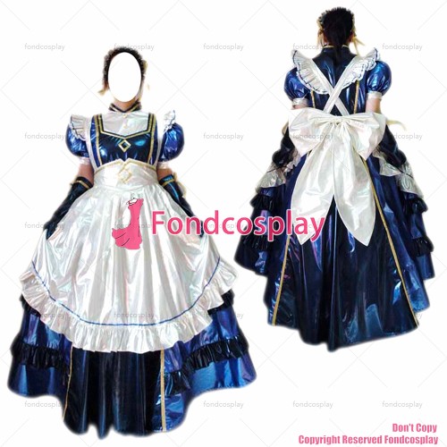fondcosplay adult sexy cross dressing sissy maid long blue thin pvc dress lockable Uniform white apron CD/TV[G2457]