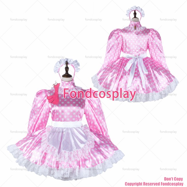 fondcosplay adult sexy cross dressing sissy maid baby pink Dots satin dress lockable Uniform white apron CD/TV[G2265]