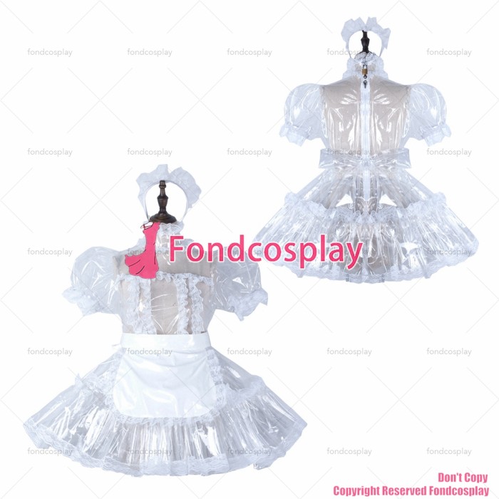fondcosplay adult sexy cross dressing sissy maid short clear pvc dress lockable Uniform white apron costume CD/TV[G2297]