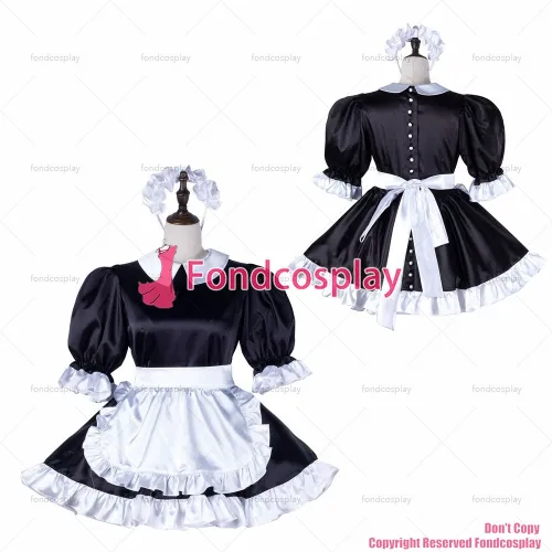 fondcosplay sexy cross dressing sissy maid black satin dress Buttons white apron Peter Pan collar CD/TV[G2234]