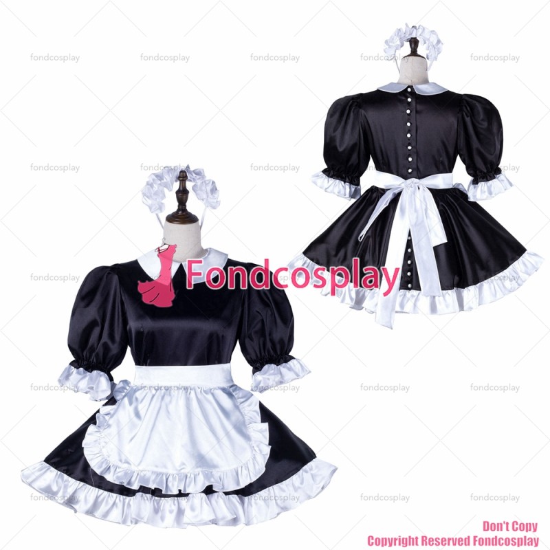 fondcosplay sexy cross dressing sissy maid black satin dress Buttons white apron Peter Pan collar CD/TV[G2234]