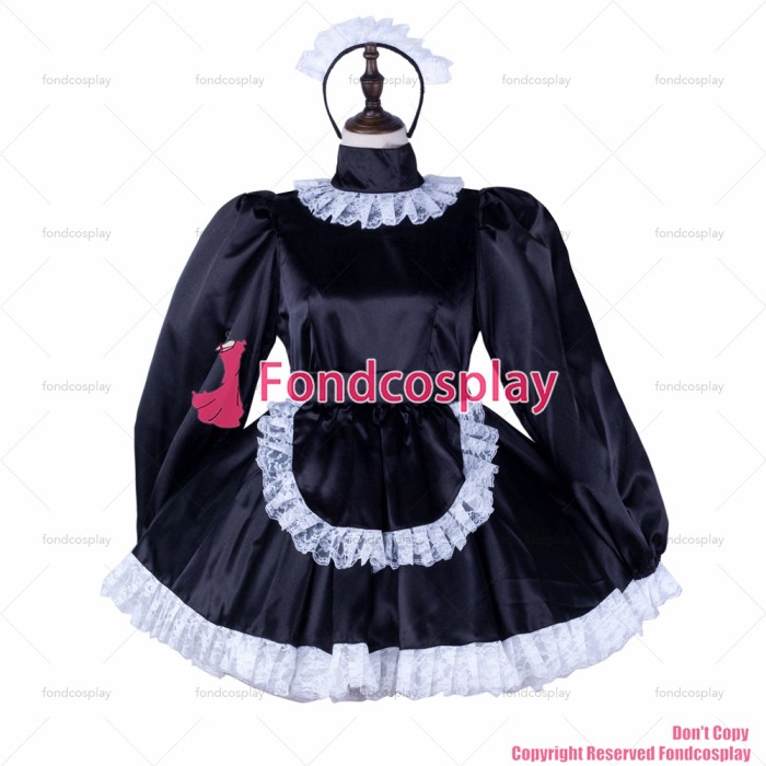 fondcosplay adult sexy cross dressing sissy maid short black satin dress lockable apron cosplay costume CD/TV[G2336]