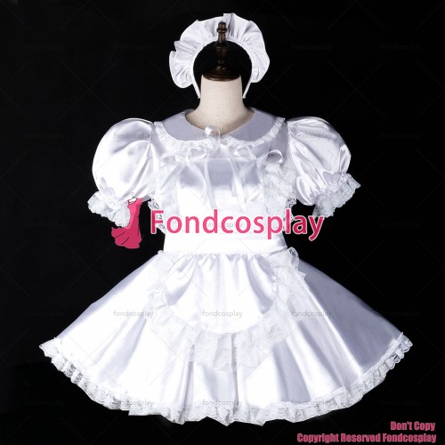 fondcosplay adult sexy cross dressing sissy maid short white satin dress lockable Uniform apron costume CD/TV[G2395]