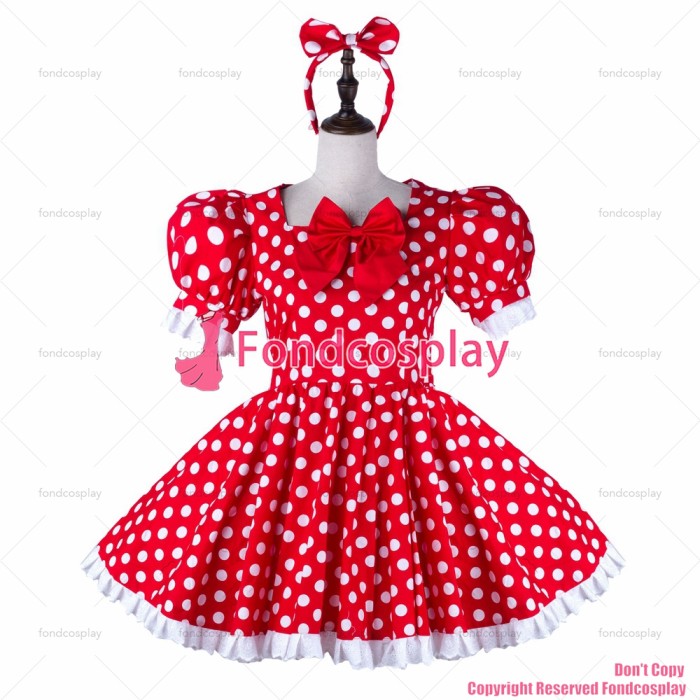 fondcosplay adult sexy cross dressing sissy maid red Dots cotton dress lockable Uniform white apron costume CD/TV[G2239]