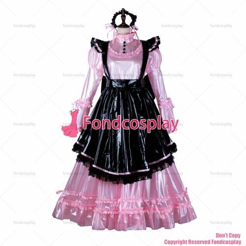fondcosplay adult sexy cross dressing sissy maid long pink clear pvc dress lockable Uniform black apron CD/TV[G2352]