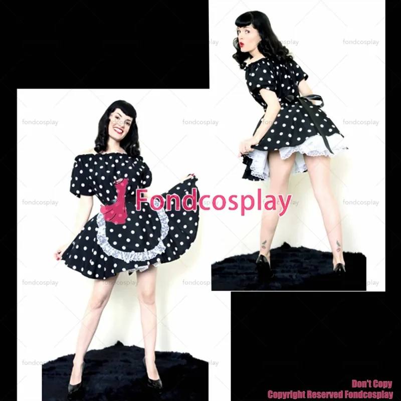 fondcosplay adult sexy cross dressing sissy maid short black white Dots satin dress lockable Uniform costume CD/TV[G2345]