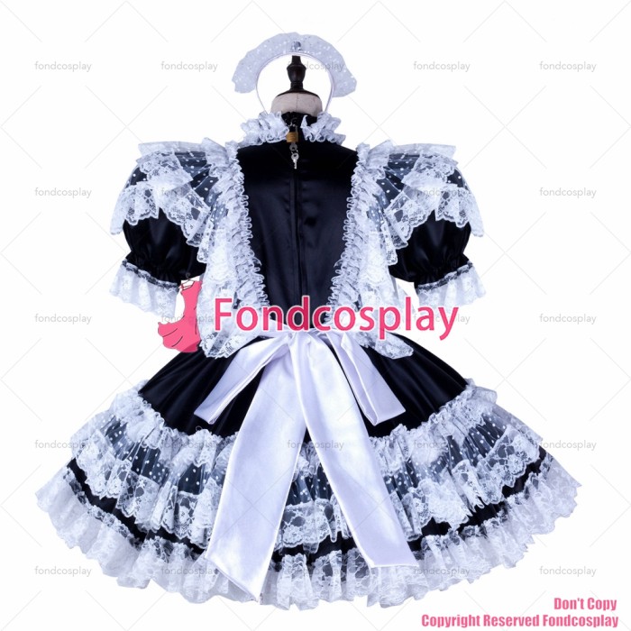 fondcosplay adult sexy cross dressing sissy maid short black satin dress lockable white apron Uniform costume CD/TV[G2349]
