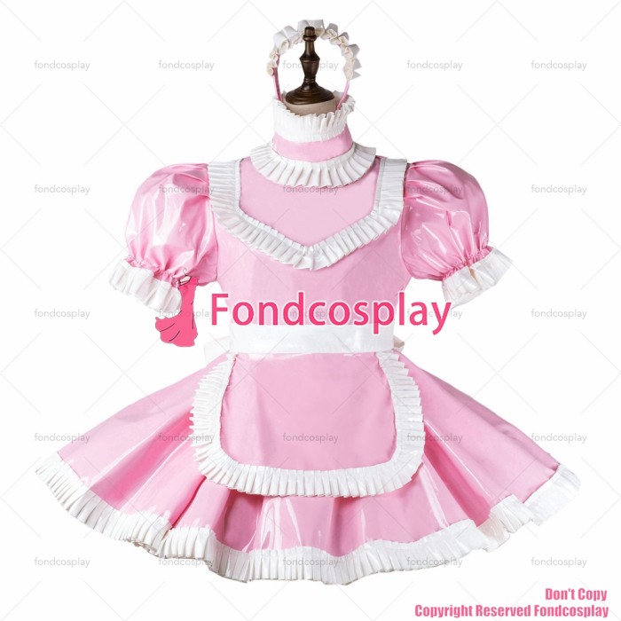 fondcosplay adult sexy cross dressing sissy maid baby pink heavy pvc dress lockable Uniform apron costume CD/TV[G2261]