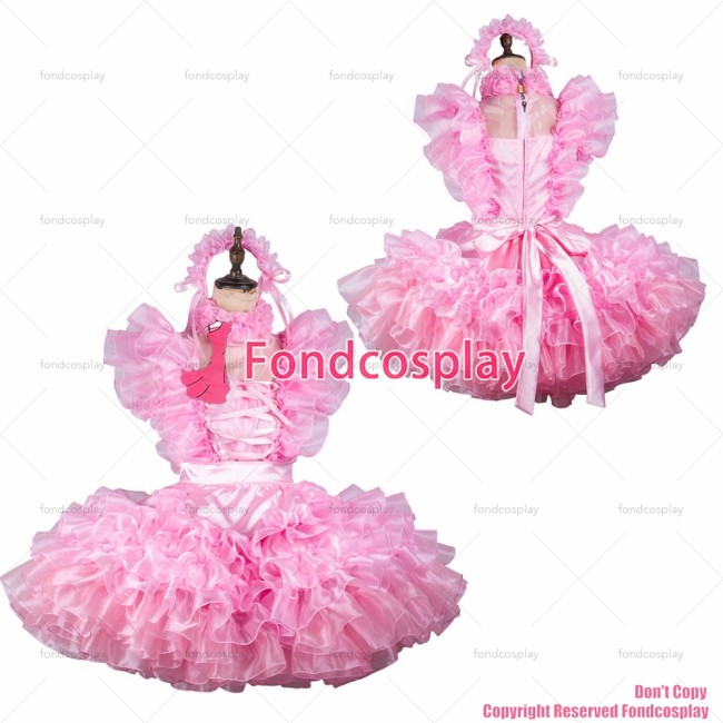 fondcosplay adult sexy cross dressing sissy maid short baby pink organza satin dress lockable Uniform apron CD/TV[G2451]