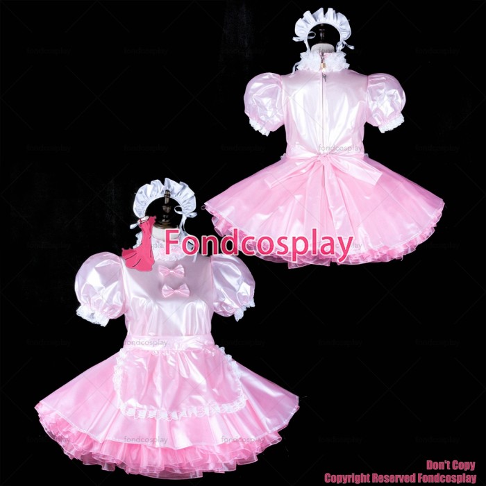 fondcosplay adult sexy cross dressing sissy maid short baby pink clear pvc dress lockable Uniform apron CD/TV[G2316]