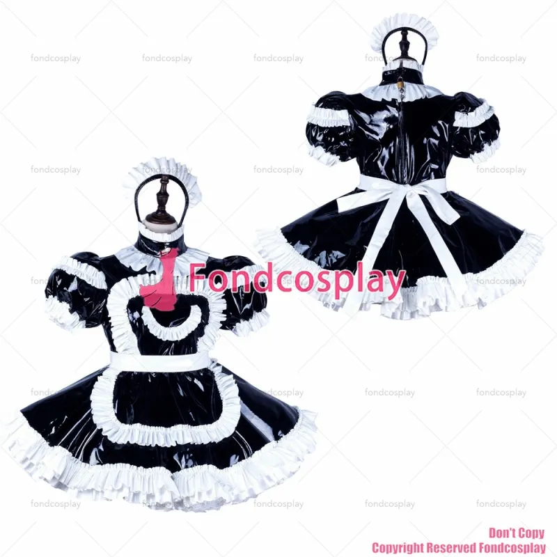 fondcosplay adult sexy cross dressing sissy maid short black thin pvc dress lockable Uniform apron costume CD/TV[G2245]